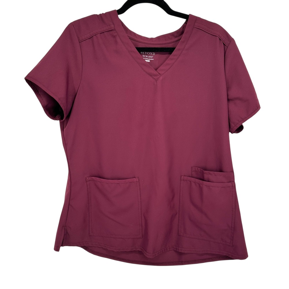 Beyond Scrubs Wine Red V Neck Scrub‎ Top Women's Size L Short Sleeve Pockets